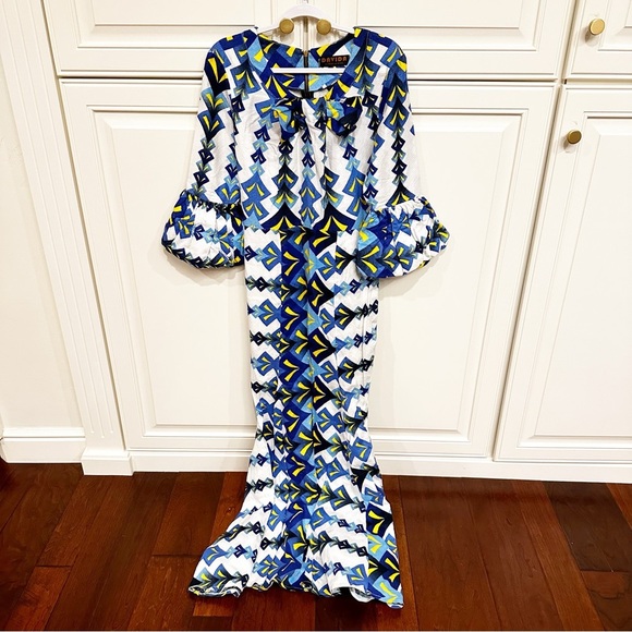 Davida Oltrealla Moda Vintage Women’s Blue Patterned Maxi Dress Bell Sleeves - Picture 1 of 10